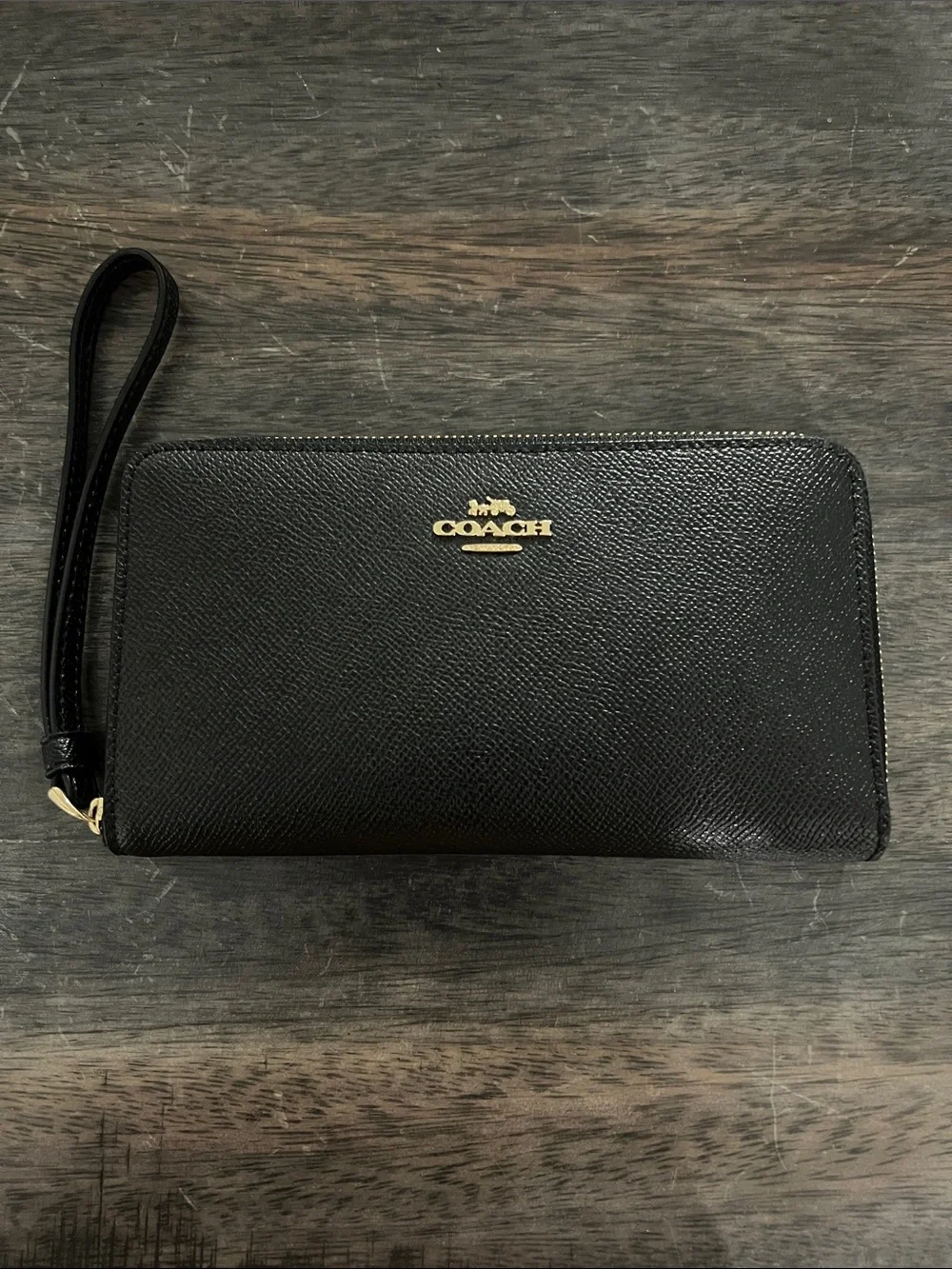 Coach Black Leather Zip Wristlet with Gold Logo